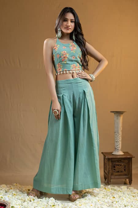 Buy Blue Cotton Georgette Printed Floral Halter Top And Flared