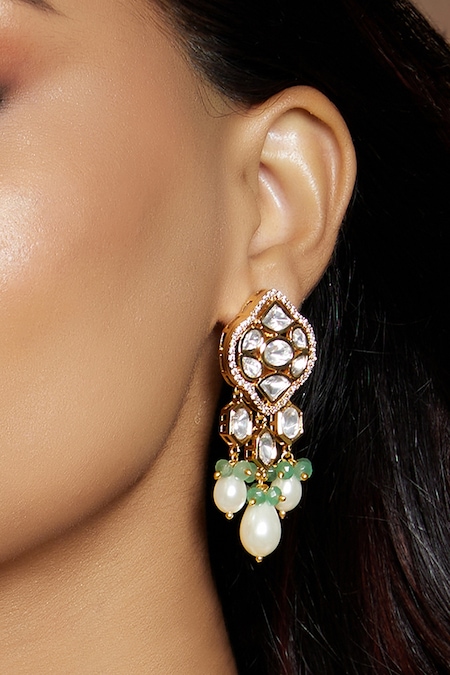 Joules By Radhika Gold Plated Stones, Chains, Diamonds Quatrefoil Shaped Earrings 