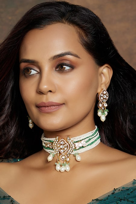 Joules By Radhika_Gold Plated Stones, Chains, Diamonds Quatrefoil Shaped Earrings _Online_at_Aza_Fashions