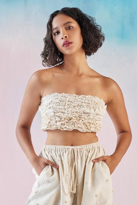 Ilk_Off White Denim Square Neck Smocked Tube Top_Online_at_Aza_Fashions