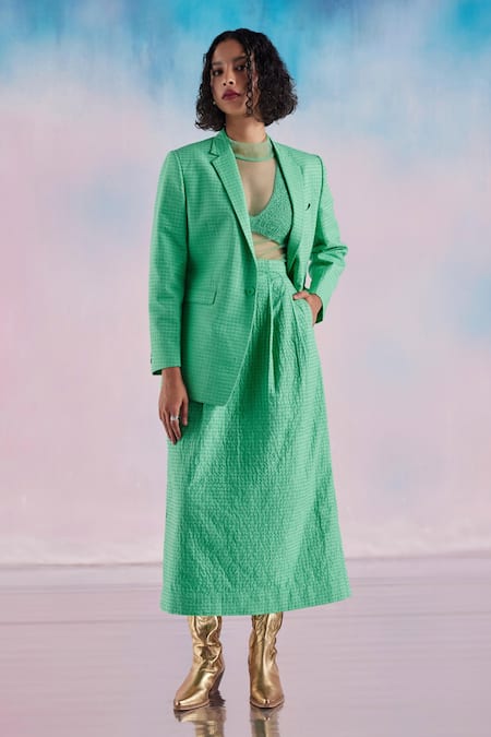 Ilk_Green Chanderi V-neck Smocked Bralette _Online_at_Aza_Fashions