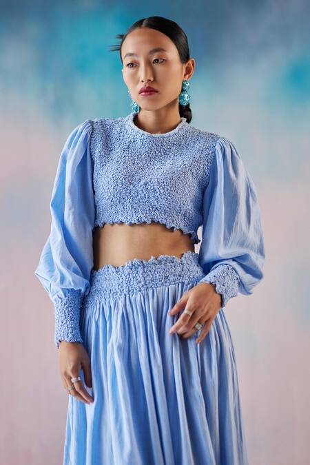 Ilk_Blue Cotton Round Neck Smocked Crop Top_Online_at_Aza_Fashions