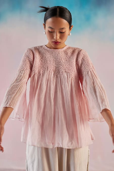 Ilk Pink Chanderi Plain Round Smocked Yoke Top 