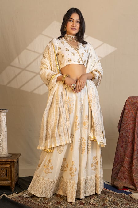 Shop Nazar By Indu Ivory Cotton, Chanderi Embroidery, Sequins Khari Print Lehenga Skirt Blouse Set at Aza Fashions Shop_Nazar By Indu_Ivory Cotton, Chanderi Embroidery, Sequins Khari Print Lehenga Skirt Blouse Set _at_Aza_Fashions
