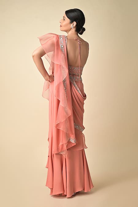 Buy_Kavita D_Peach Silk Georgette Embroidered Sequin U Neck Pre-draped Frill Saree  _Online_at_Aza_Fashions