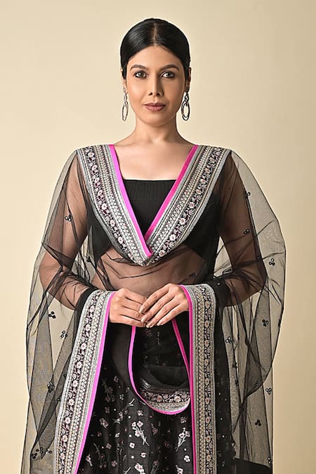 Buy_Kavita D_Black Silk, Net Beads, Embroidery Lehenga And Dupatta Set _Online_at_Aza_Fashions