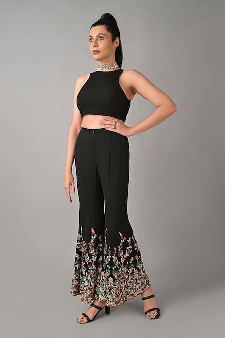 Kavita D_Black Silk Georgette Embroidered Bead Floral Trouser  _Online_at_Aza_Fashions