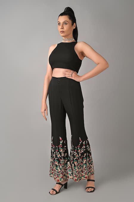 Buy_Kavita D_Black Silk Georgette Embroidered Bead Floral Trouser  _Online_at_Aza_Fashions