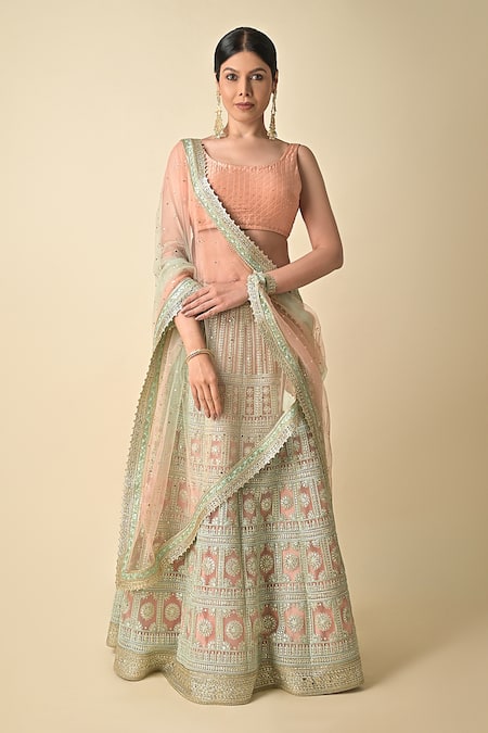 Kavita D_Peach Net Gota Patti, Embroidered Bridal Lehenga Set With Unstitched Blouse _Online_at_Aza_Fashions