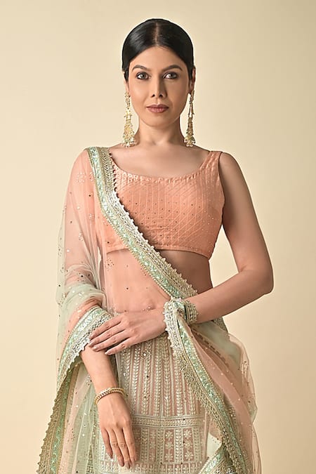 Buy_Kavita D_Peach Net Gota Patti, Embroidered Bridal Lehenga Set With Unstitched Blouse _Online_at_Aza_Fashions