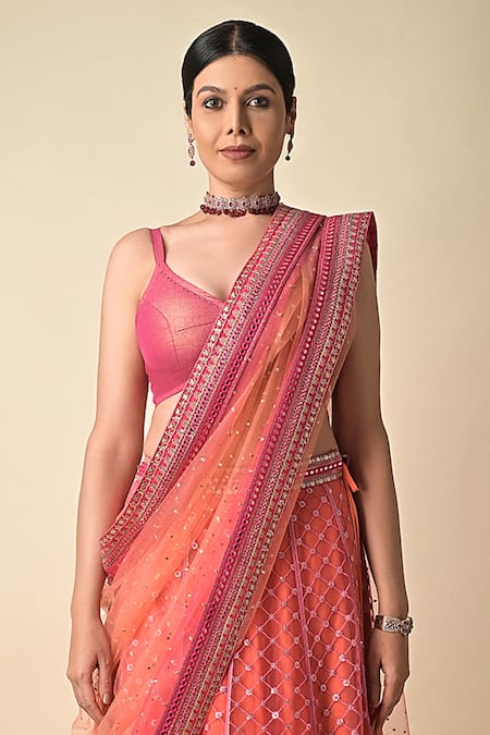 Kavita D_Pink Silk, Net Sequins, Beads, Embroidery V-neck Thread And Bridal Lehenga Set _Online_at_Aza_Fashions