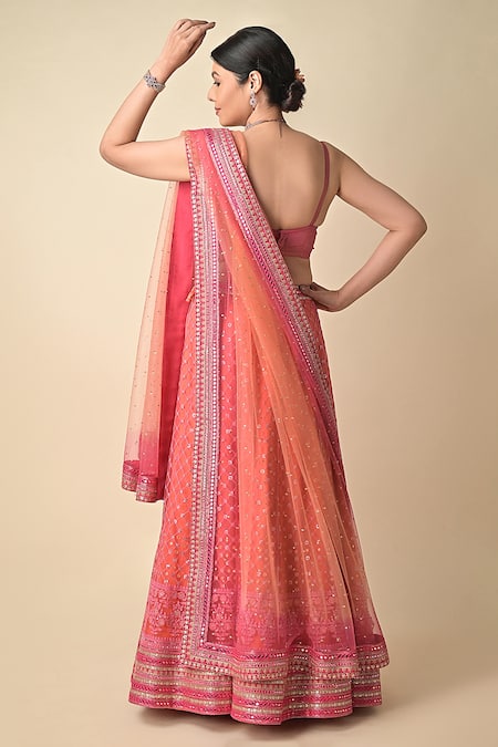 Buy_Kavita D_Pink Silk, Net Sequins, Beads, Embroidery V-neck Thread And Bridal Lehenga Set _Online_at_Aza_Fashions