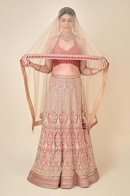 Buy_Kavita D_Beige Net Embroidery, Beads Bridal Lehenga Set With Unstitched Blouse _Online_at_Aza_Fashions