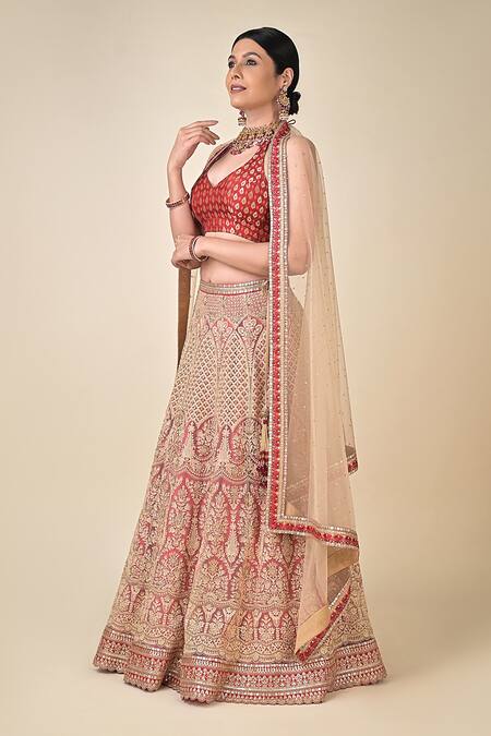 Shop_Kavita D_Beige Net Embroidery, Beads Bridal Lehenga Set With Unstitched Blouse _Online_at_Aza_Fashions