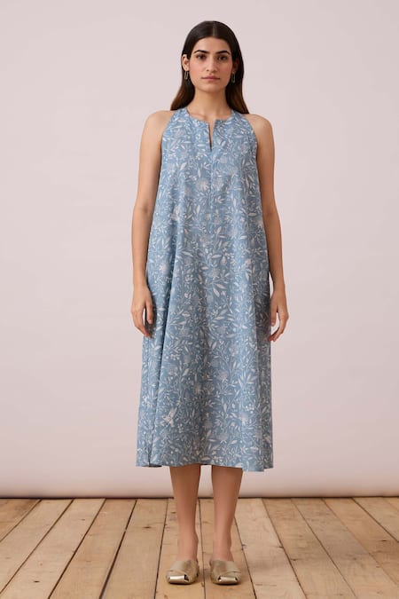 The Summer House Blue Cotton, Linen Split V-neck Zahra Floral Print Dress Online at Aza Fashions The Summer House_Blue Cotton, Linen Split V-neck Zahra Floral Print Dress _Online_at_Aza_Fashions