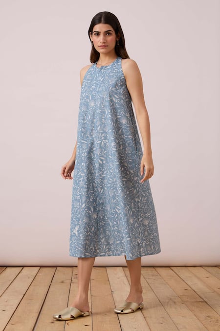 Buy The Summer House Blue Cotton, Linen Split V-neck Zahra Floral Print Dress Online at Aza Fashions Buy_The Summer House_Blue Cotton, Linen Split V-neck Zahra Floral Print Dress _Online_at_Aza_Fashions