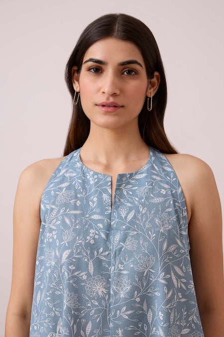 Shop The Summer House Blue Cotton, Linen Split V-neck Zahra Floral Print Dress Online at Aza Fashions Shop_The Summer House_Blue Cotton, Linen Split V-neck Zahra Floral Print Dress _Online_at_Aza_Fashions