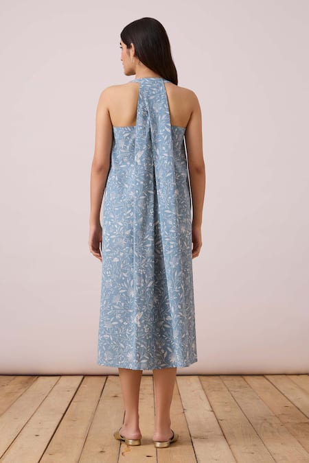 Shop The Summer House Blue Cotton, Linen Split V-neck Zahra Floral Print Dress at Aza Fashions Shop_The Summer House_Blue Cotton, Linen Split V-neck Zahra Floral Print Dress _at_Aza_Fashions