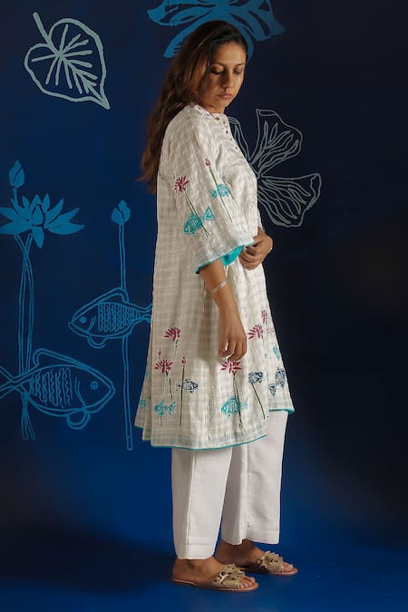 Ibai_White Silk, Cotton Embroidery Mandarin Collar Lotus Block Print Dress _Online_at_Aza_Fashions