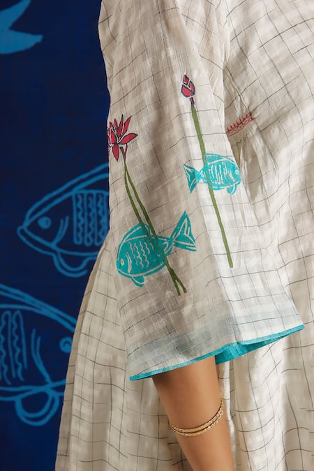 Buy_Ibai_White Silk, Cotton Embroidery Mandarin Collar Lotus Block Print Dress _Online_at_Aza_Fashions