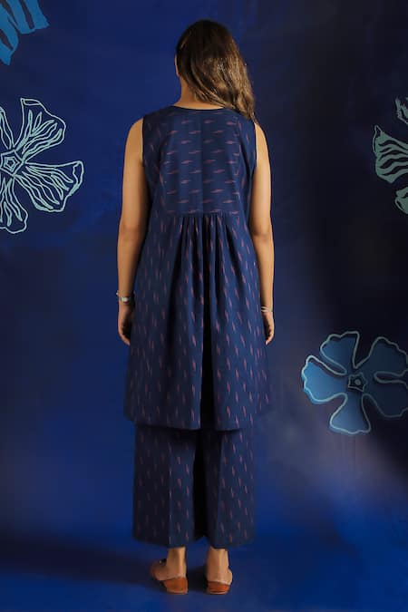 Shop_Ibai_Blue Cotton Open Neck Ikat Woven Dress _at_Aza_Fashions