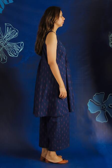 Buy_Ibai_Blue Cotton Open Neck Ikat Woven Dress _Online_at_Aza_Fashions