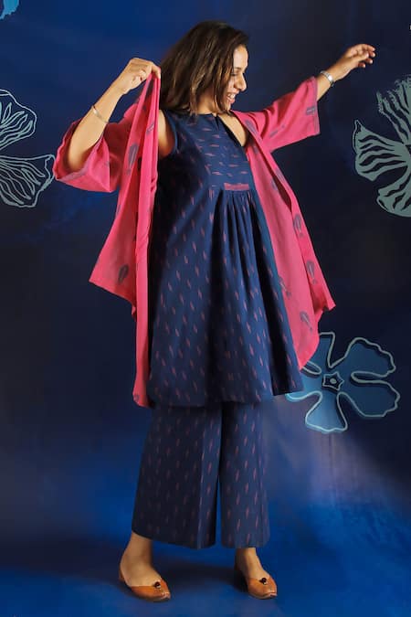 Ibai_Pink Handloom Cotton Embroidery Shawl Neck Lotus Overlay Jacket _Online_at_Aza_Fashions