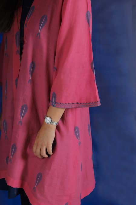 Buy_Ibai_Pink Handloom Cotton Embroidery Shawl Neck Lotus Overlay Jacket _Online_at_Aza_Fashions