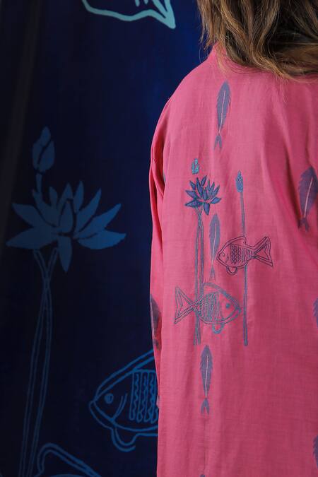 Shop_Ibai_Pink Handloom Cotton Embroidery Shawl Neck Lotus Overlay Jacket _Online_at_Aza_Fashions