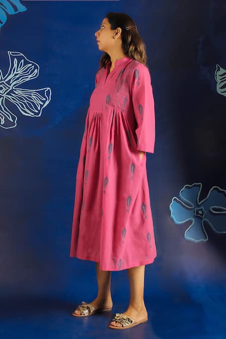 Ibai Pink Handloom , Embroidery Mandarin Collar Woven Smocked Dress Online at Aza Fashions Ibai_Pink Handloom , Embroidery Mandarin Collar Woven Smocked Dress _Online_at_Aza_Fashions