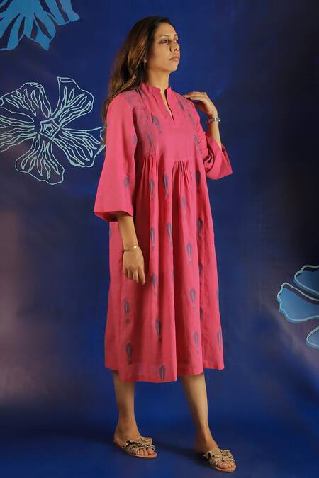 Buy Ibai Pink Handloom , Embroidery Mandarin Collar Woven Smocked Dress Online at Aza Fashions Buy_Ibai_Pink Handloom , Embroidery Mandarin Collar Woven Smocked Dress _Online_at_Aza_Fashions