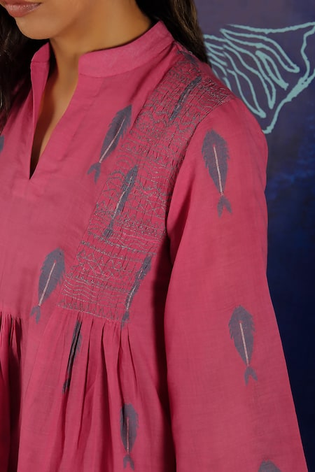 Shop Ibai Pink Handloom , Embroidery Mandarin Collar Woven Smocked Dress Online at Aza Fashions Shop_Ibai_Pink Handloom , Embroidery Mandarin Collar Woven Smocked Dress _Online_at_Aza_Fashions