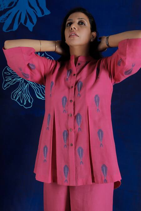 Shop Ibai Pink Handloom Cotton Mandarin Collar Fish Woven Top Online at Aza Fashions Shop_Ibai_Pink Handloom Cotton Mandarin Collar Fish Woven Top _Online_at_Aza_Fashions