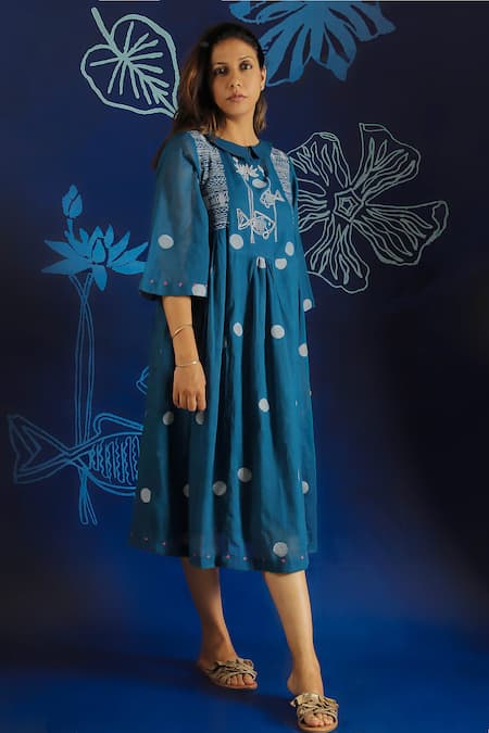 Ibai Blue Hand Spun Handwoven With Polka Dot Jamdani Weave Dress  