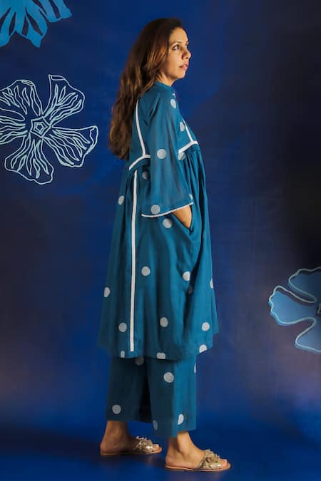 Ibai Blue Cotton Lace Mandarin Collar Insert Woven Dress Online at Aza Fashions Ibai_Blue Cotton Lace Mandarin Collar Insert Woven Dress _Online_at_Aza_Fashions