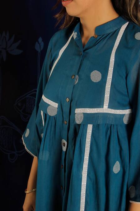 Buy Ibai Blue Cotton Lace Mandarin Collar Insert Woven Dress Online at Aza Fashions Buy_Ibai_Blue Cotton Lace Mandarin Collar Insert Woven Dress _Online_at_Aza_Fashions