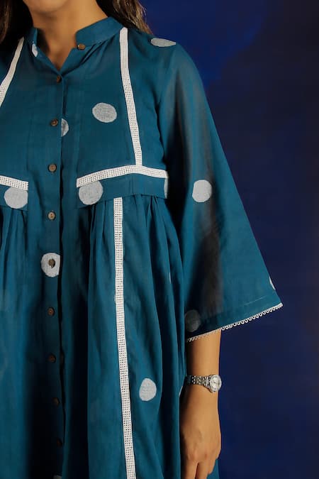 Shop Ibai Blue Cotton Lace Mandarin Collar Insert Woven Dress Online at Aza Fashions Shop_Ibai_Blue Cotton Lace Mandarin Collar Insert Woven Dress _Online_at_Aza_Fashions