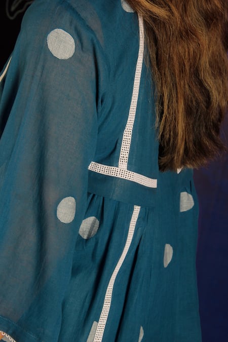 Ibai Blue Cotton Lace Mandarin Collar Insert Woven Dress at Aza Fashions Ibai_Blue Cotton Lace Mandarin Collar Insert Woven Dress _at_Aza_Fashions