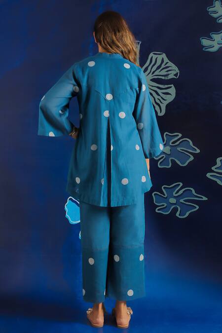 Shop_Ibai_Blue Handloom Cotton Mandarin Collar Box Pleat Woven Top _at_Aza_Fashions