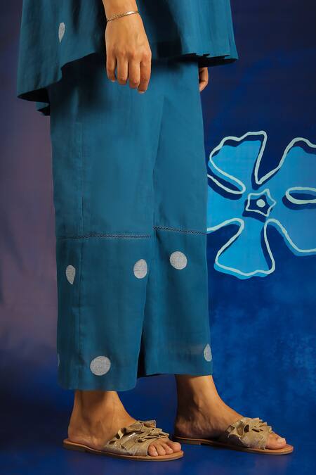 Buy_Ibai_Blue Handwoven Jamdani And Muslin Polka Dot Pant_Online_at_Aza_Fashions