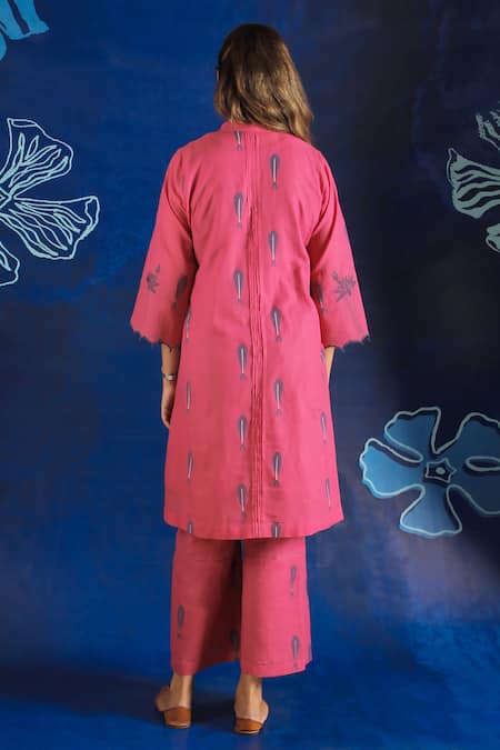 Shop_Ibai_Pink Cotton Embroidery Mandarin Collar Fish Woven Pattern Dress _at_Aza_Fashions