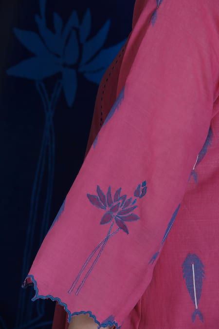 Shop_Ibai_Pink Cotton Embroidery Mandarin Collar Fish Woven Pattern Dress _Online_at_Aza_Fashions