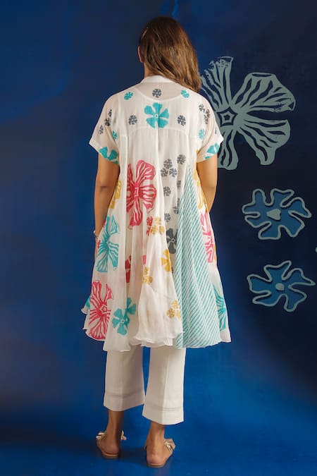 Shop_Ibai_White Cotton, Muslin Embroidery Mandarin Collar Shiuli Print Dress _at_Aza_Fashions