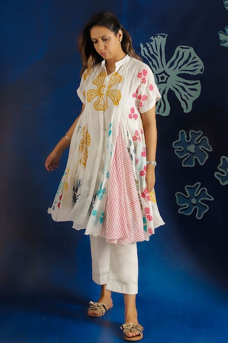 Ibai_White Cotton, Muslin Embroidery Mandarin Collar Shiuli Print Dress _Online_at_Aza_Fashions