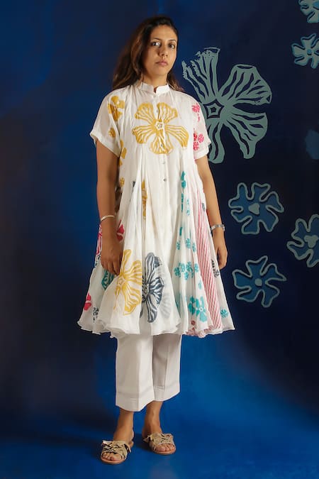 Buy_Ibai_White Cotton, Muslin Embroidery Mandarin Collar Shiuli Print Dress _Online_at_Aza_Fashions