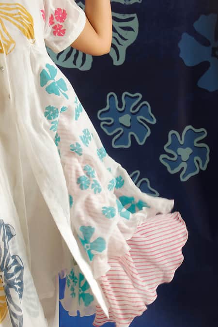 Shop_Ibai_White Cotton, Muslin Embroidery Mandarin Collar Shiuli Print Dress _Online_at_Aza_Fashions