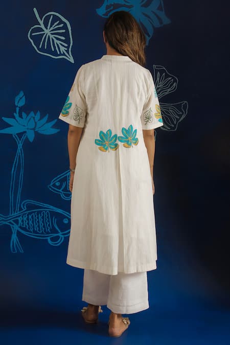Shop_Ibai_White Muslin Embroidery Mandarin Collar Floral Block Print Dress _at_Aza_Fashions