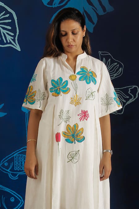 Ibai_White Muslin Embroidery Mandarin Collar Floral Block Print Dress _Online_at_Aza_Fashions