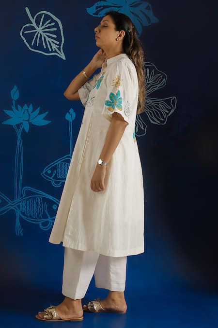 Buy_Ibai_White Muslin Embroidery Mandarin Collar Floral Block Print Dress _Online_at_Aza_Fashions