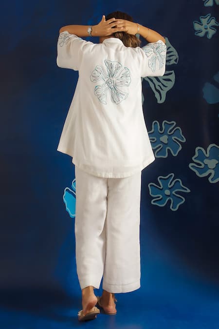 Shop_Ibai_White Handloom , Embroidery Mandarin Collar Shiuli Top _at_Aza_Fashions